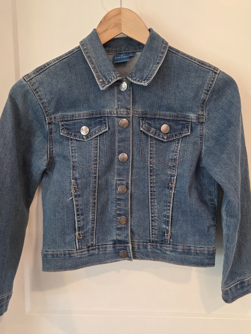Disney Encanto Girls Denim Jacket Size M 7/8 Butterfly Floral Back Cottagecore